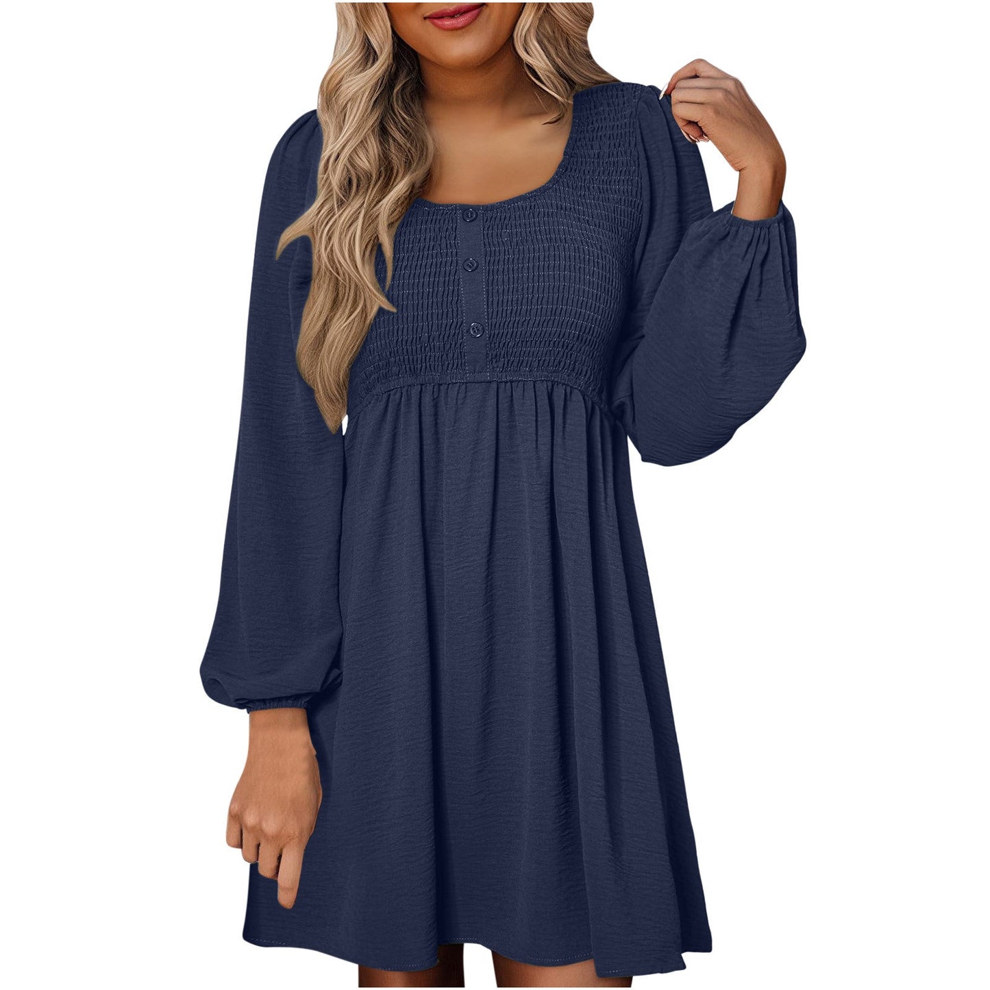 Casual smocked empire waist A-line dress with button-up detail for women | Elowen