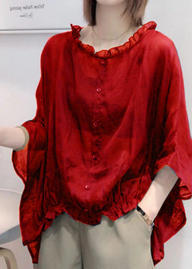 Art Navy Ruffle Trim Half Sleeve Blouse Chic for Women | Mireya