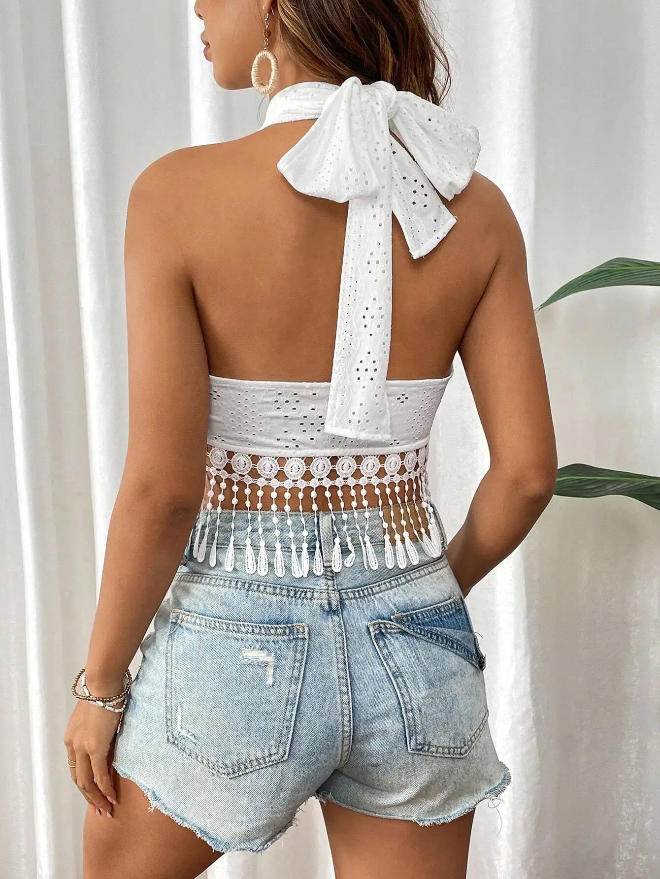 Lace-up halter fringe-detail summer top for women | Virella -3