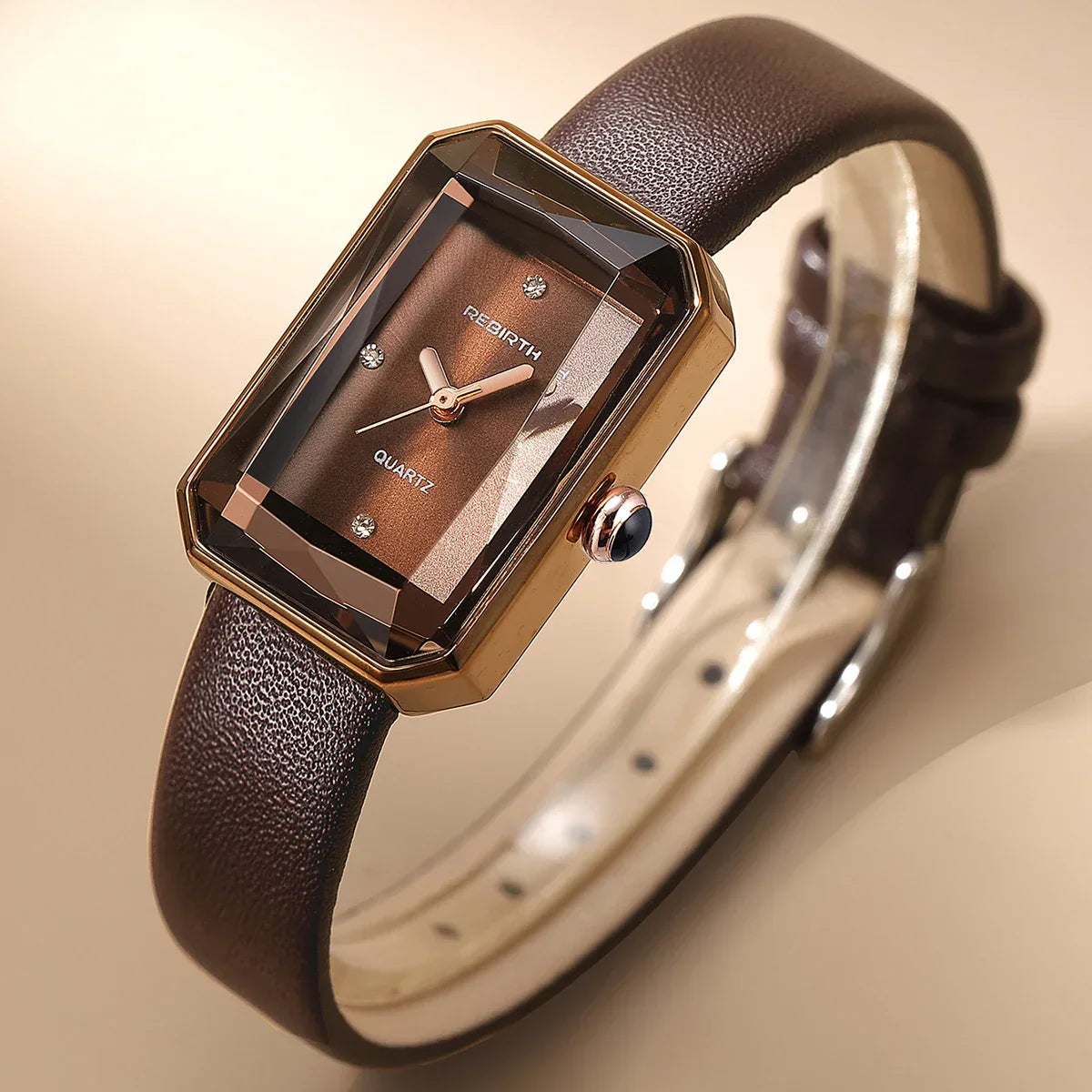 Slim rectangular leather-strap wristwatch for women | Aurora -1