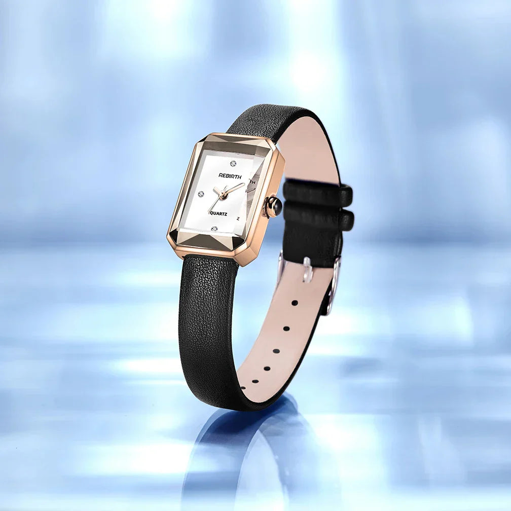Slim rectangular leather-strap wristwatch for women | Aurora -5