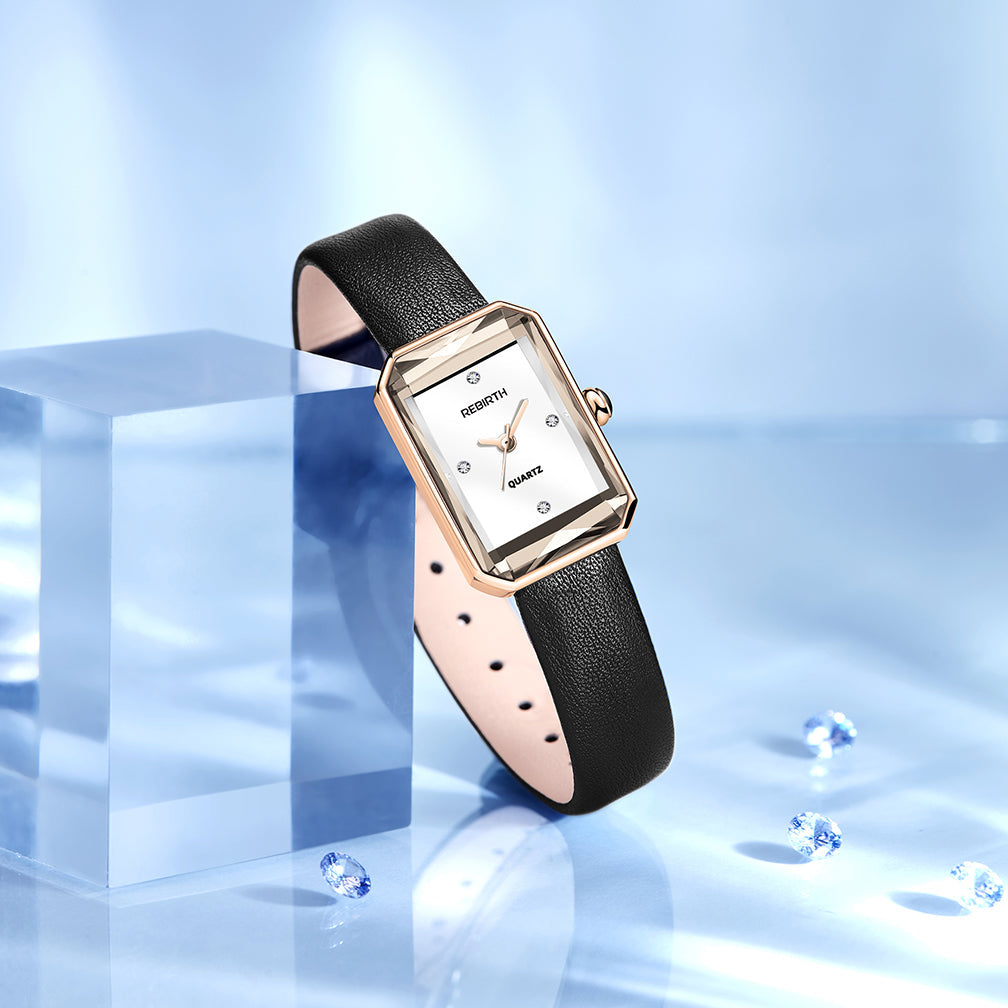 Slim rectangular leather-strap wristwatch for women | Aurora -4