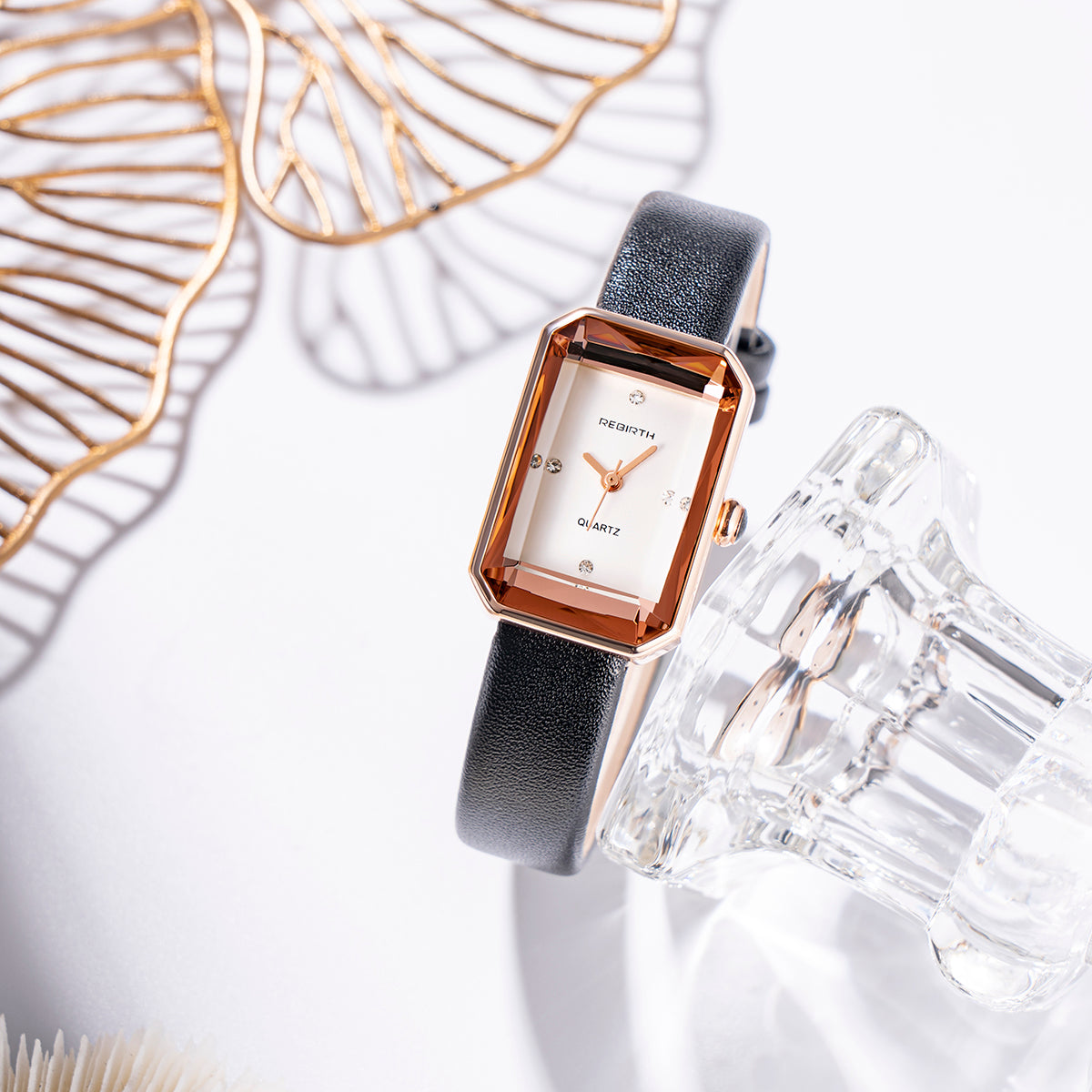 Slim rectangular leather-strap wristwatch for women | Aurora -8
