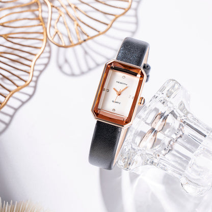 Slim rectangular leather-strap wristwatch for women | Aurora -8