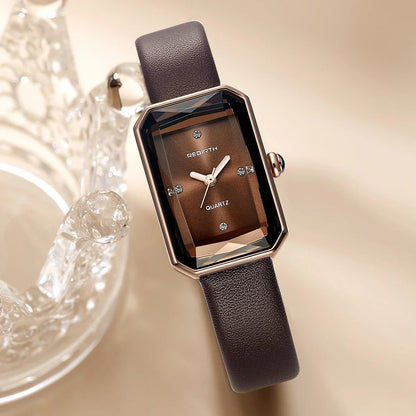 Slim rectangular leather-strap wristwatch for women | Aurora -2