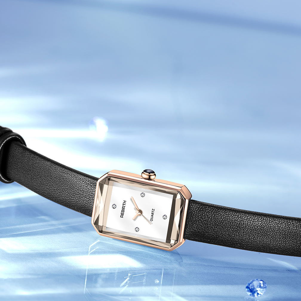 Slim rectangular leather-strap wristwatch for women | Aurora -6