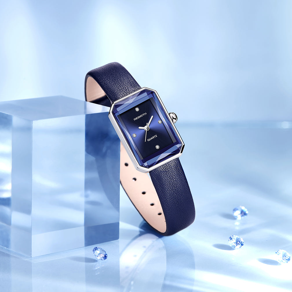 Slim rectangular leather-strap wristwatch for women | Aurora -9