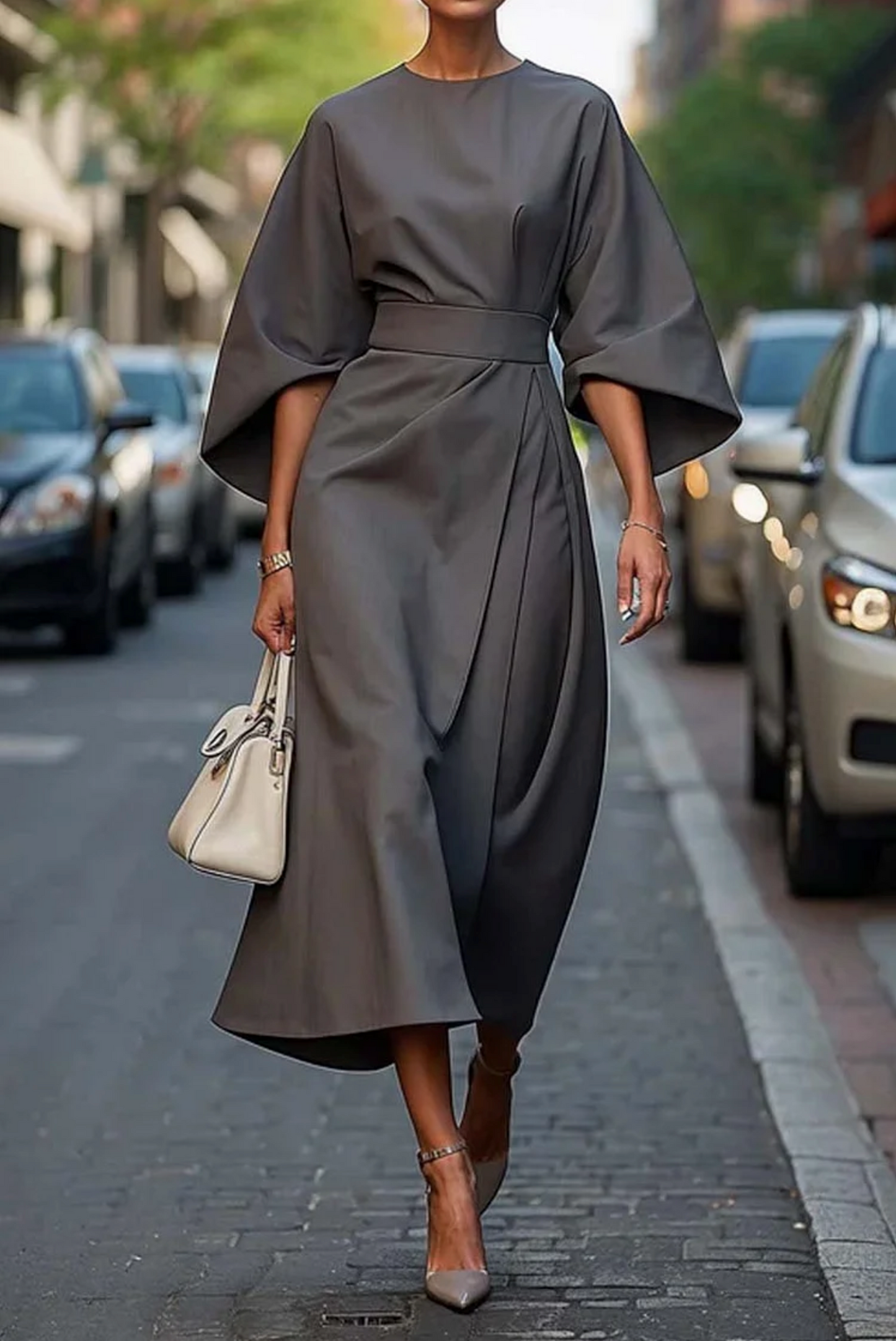 Elegant lantern sleeve dress with adjustable waist Chic for Women | Louise Élan