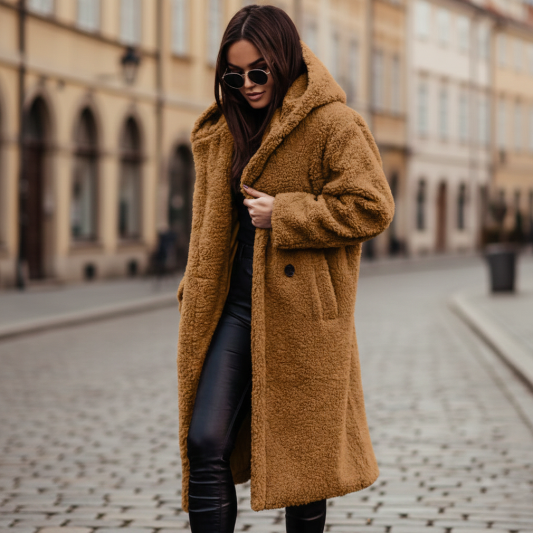Hooded mid-calf coat with relaxed silhouette for women | Arden