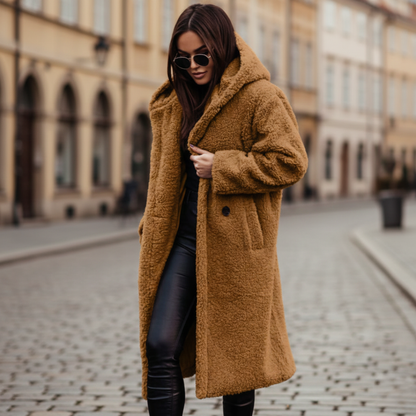 Hooded mid-calf coat with relaxed silhouette for women | Arden