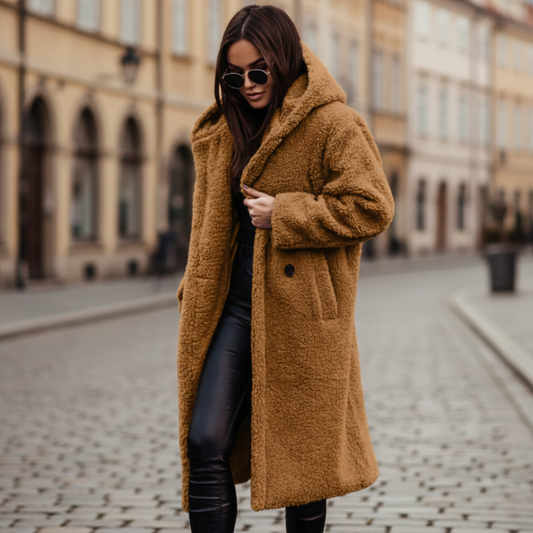 Hooded mid-calf coat with relaxed silhouette for women | Arden