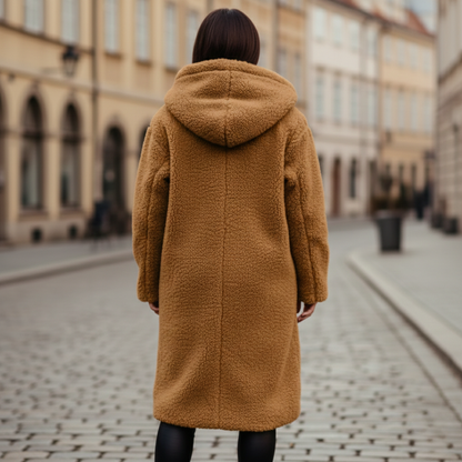 Hooded mid-calf coat with relaxed silhouette for women | Arden
