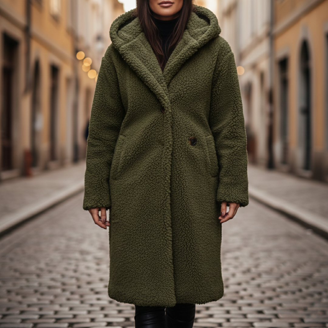 Hooded mid-calf coat with relaxed silhouette for women | Arden