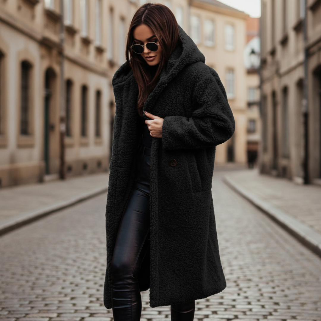 Hooded mid-calf coat with relaxed silhouette for women | Arden
