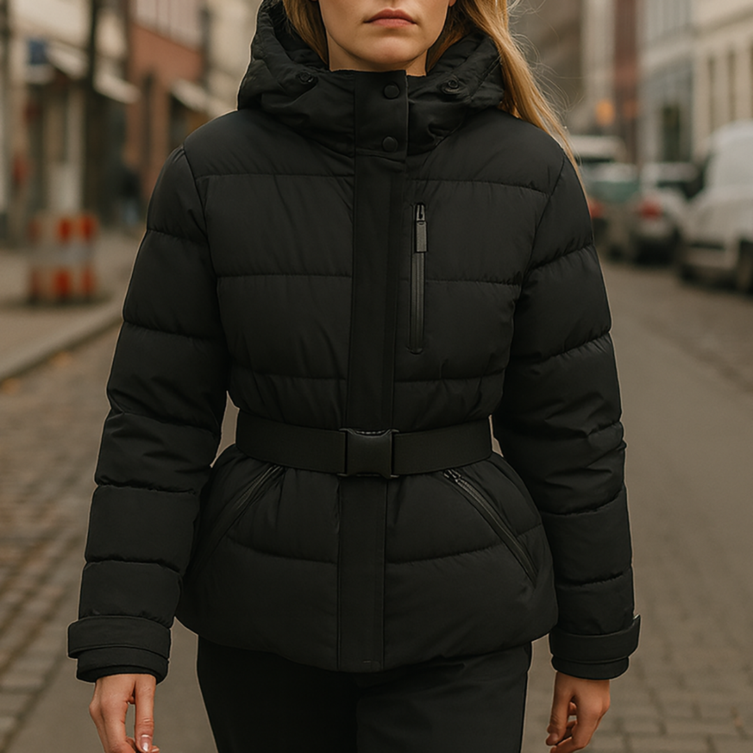 Belted hooded quilted puffer jacket for women | Nyrelle