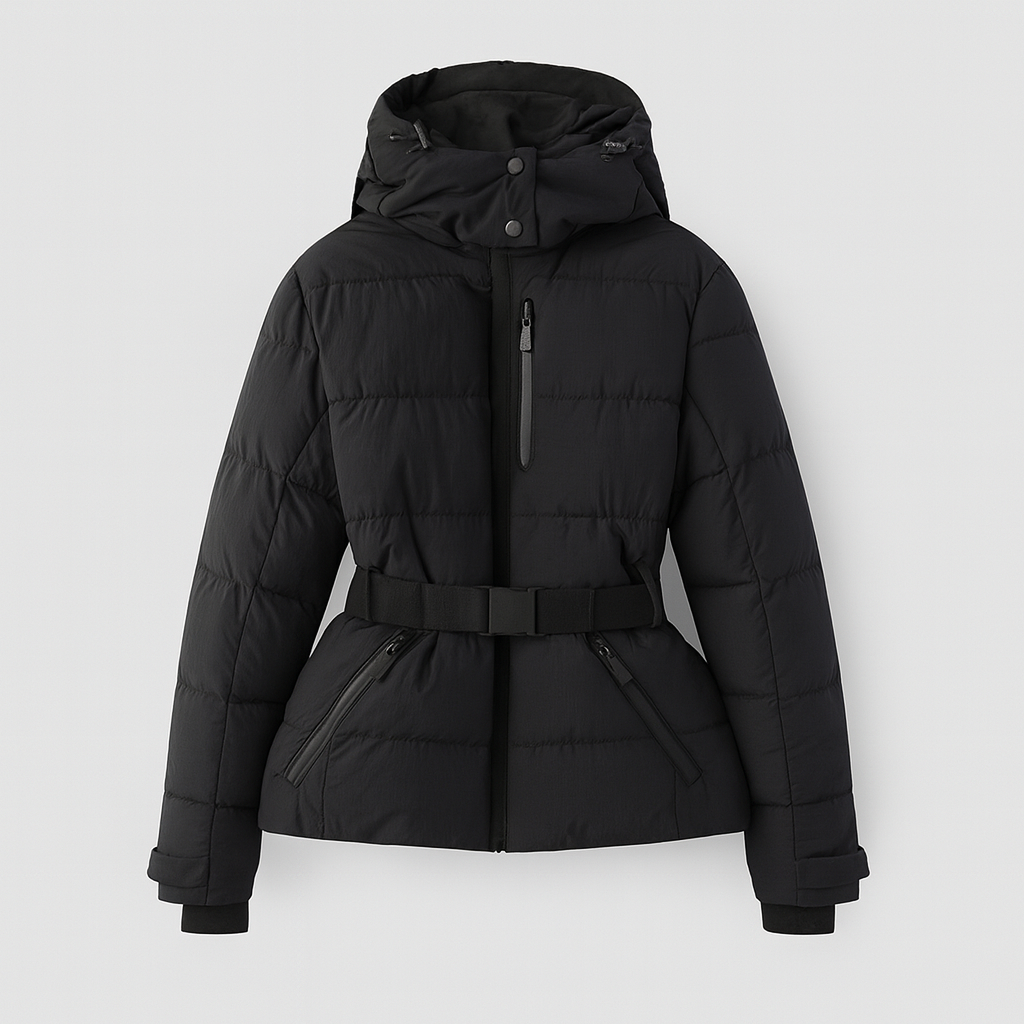 Belted hooded quilted puffer jacket for women | Nyrelle
