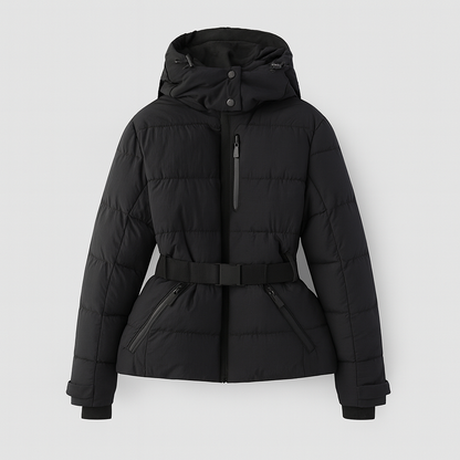 Belted hooded quilted puffer jacket for women | Nyrelle