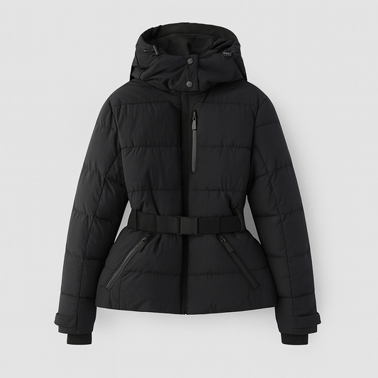 Belted hooded quilted puffer jacket for women | Nyrelle
