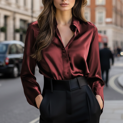 Button-front blouse with turn-down collar for women | Liorenne
