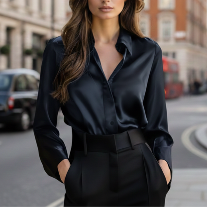 Button-front blouse with turn-down collar for women | Liorenne