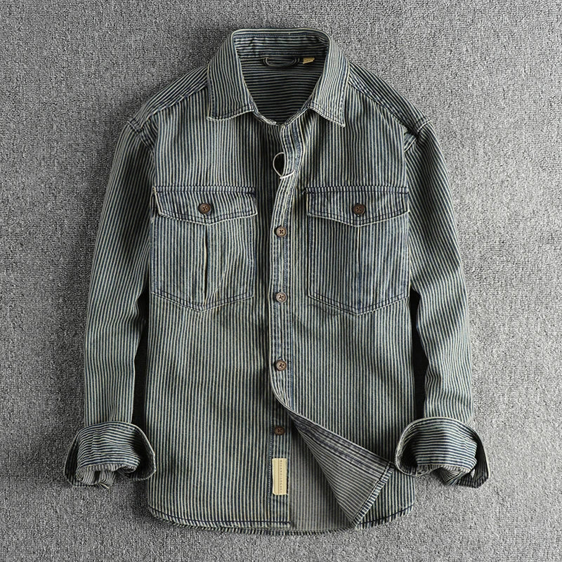 Vintage striped long-sleeve denim-style shirt for men | Willow Heritage -2