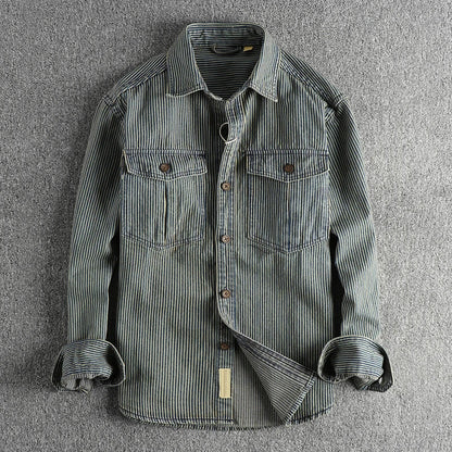 Vintage striped long-sleeve denim-style shirt for men | Willow Heritage -2
