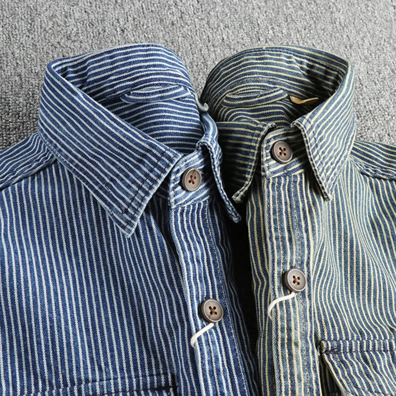 Vintage striped long-sleeve denim-style shirt for men | Willow Heritage -5