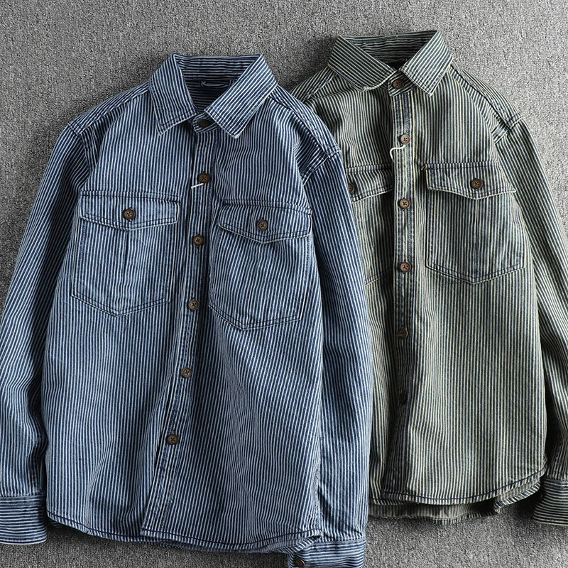 Vintage striped long-sleeve denim-style shirt for men | Willow Heritage -4