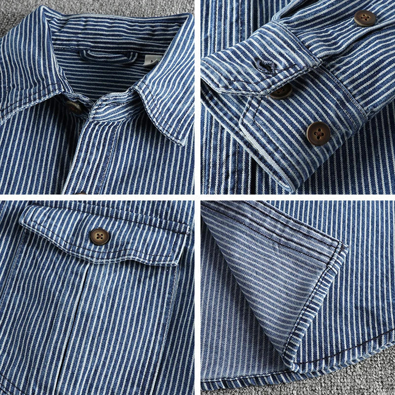 Vintage striped long-sleeve denim-style shirt for men | Willow Heritage -6