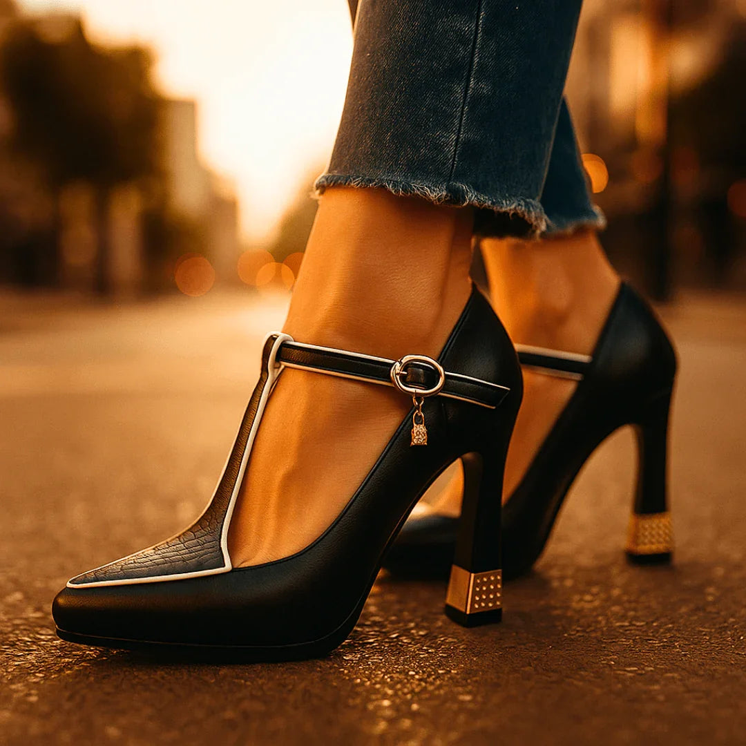Pointed toe T-strap heels with charm buckle detail | Vivienne