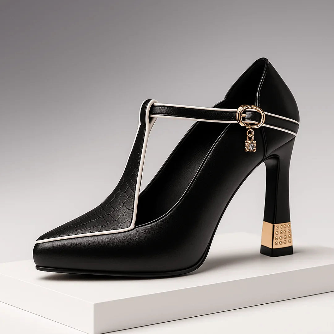 Pointed toe T-strap heels with charm buckle detail | Vivienne