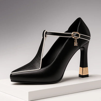 Pointed toe T-strap heels with charm buckle detail | Vivienne