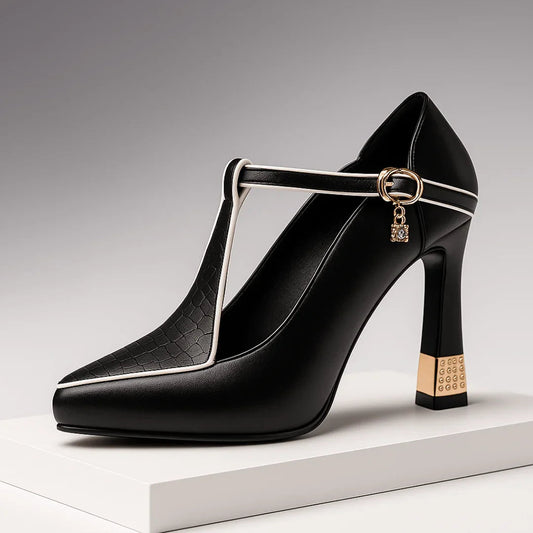Pointed toe T-strap heels with charm buckle detail | Vivienne