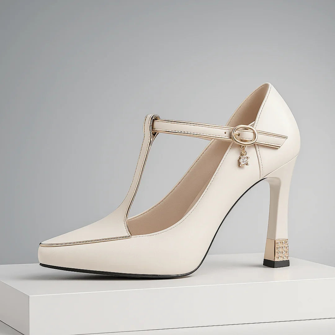 Pointed toe T-strap heels with charm buckle detail | Vivienne