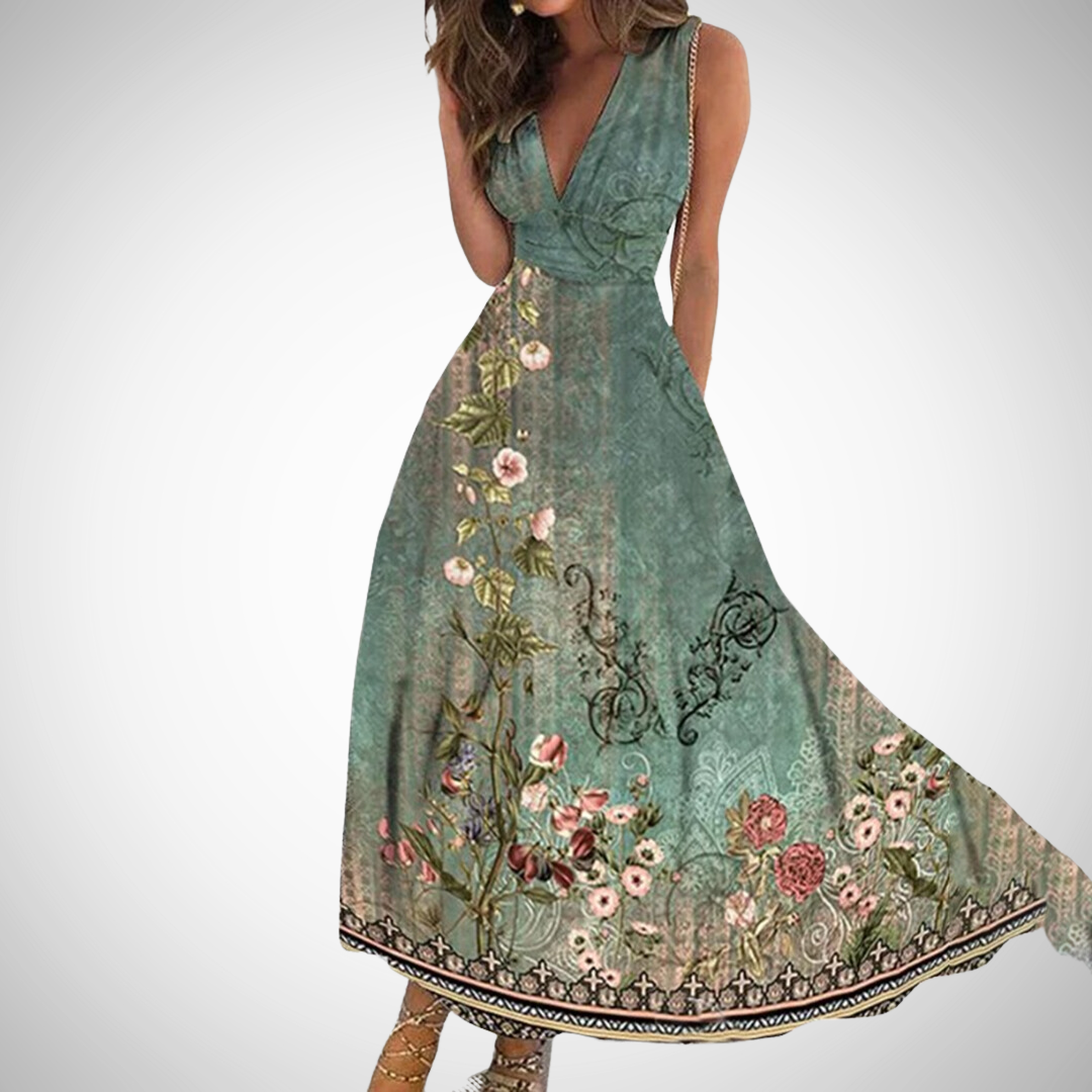 Timeless floral V-neck maxi dress for women | Eloria