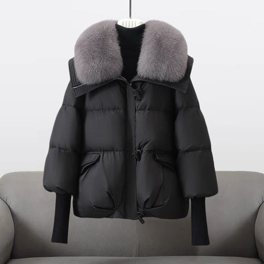 Extended-length statement-collar puffer coat for women | Glam Valentina -1