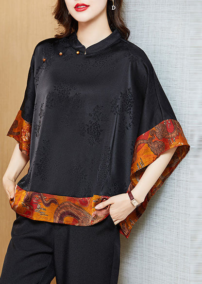 Vintage Black Mandarin Collar Asymmetrical Patchwork Shirt Women| Kaelisse