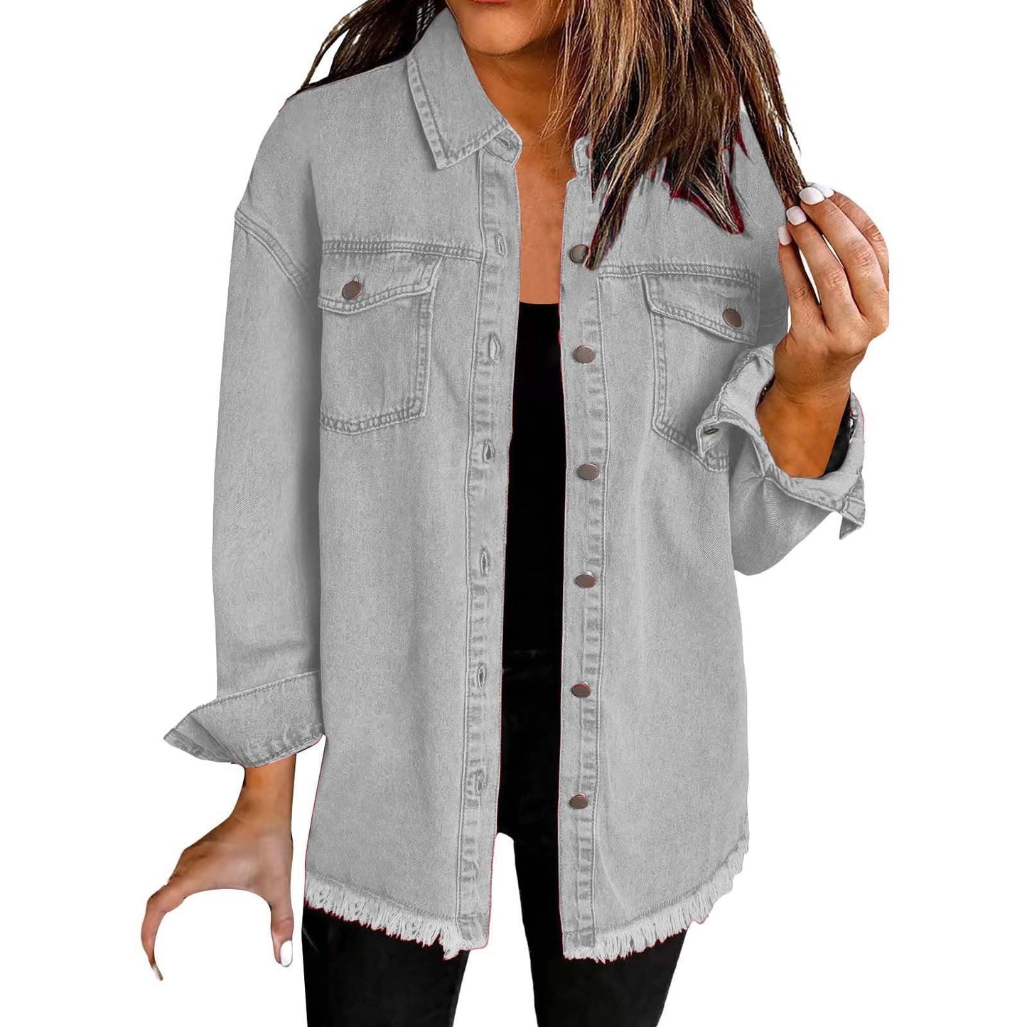 Relaxed button-front jacket with classic collar for women | Katja