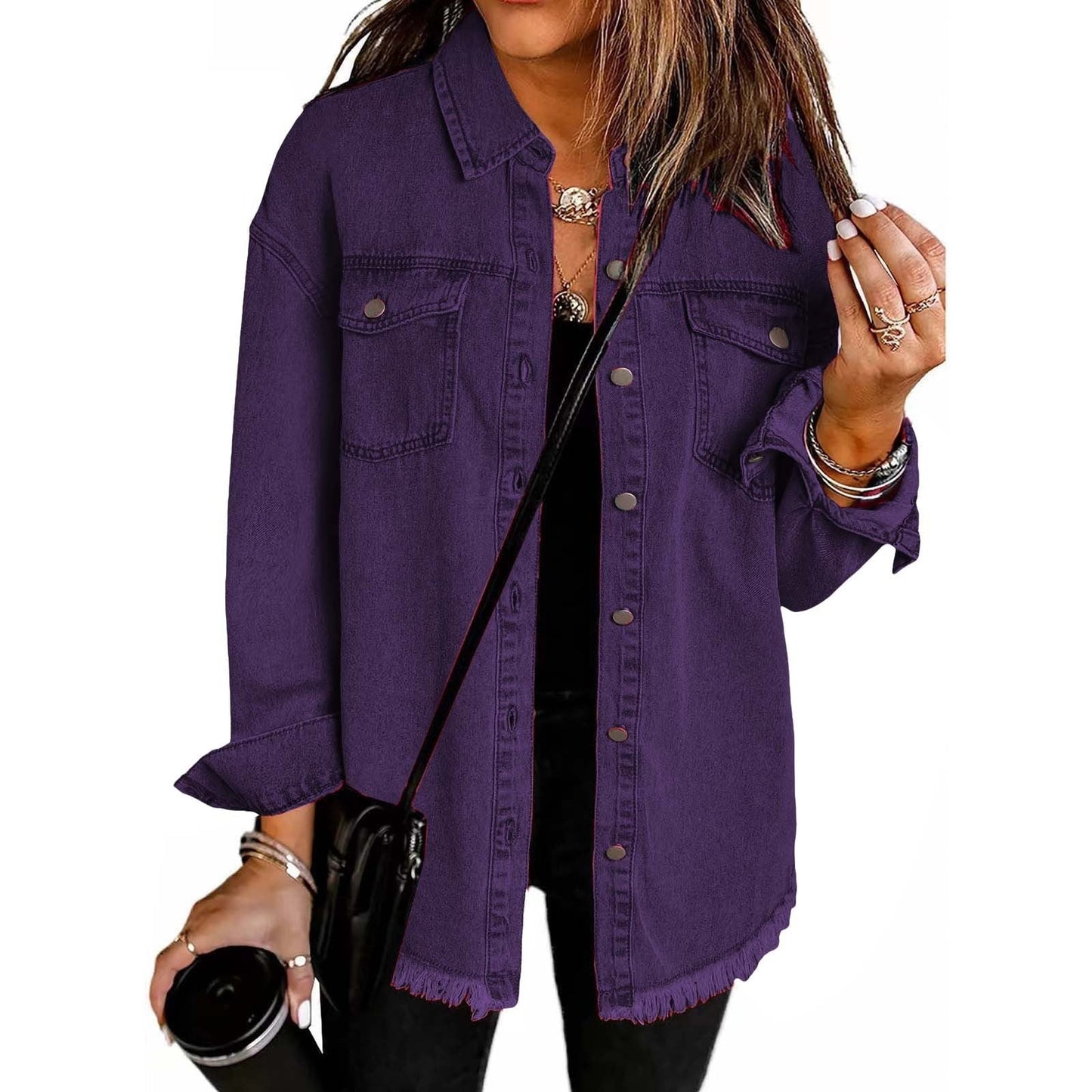 Relaxed button-front jacket with classic collar for women | Katja