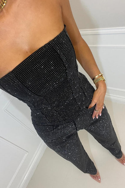 Strapless full-length jumpsuit with textured design for women | Elvara