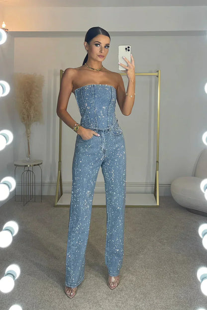 Strapless full-length jumpsuit with textured design for women | Elvara
