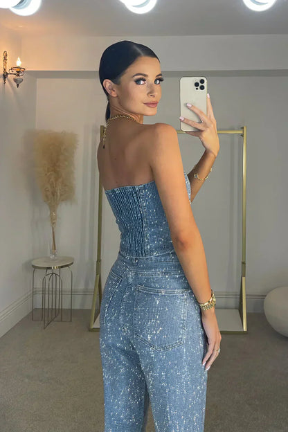 Strapless full-length jumpsuit with textured design for women | Elvara