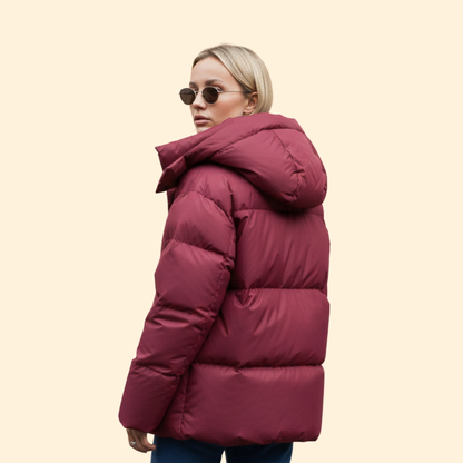 Quilted high-collar jacket with elongated silhouette for women | Eloria