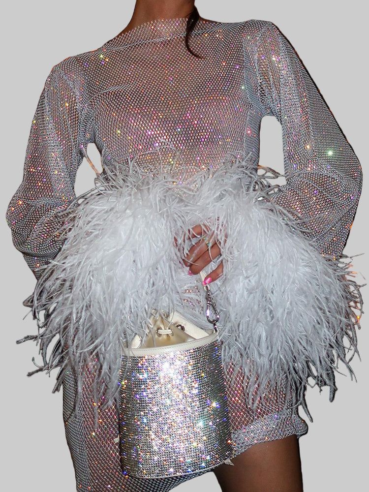 Sparkling mini dress with feather-trim cuffs for women | Elviera