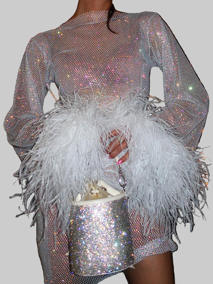 Sparkling mini dress with feather-trim cuffs for women | Elviera