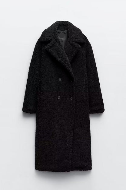 Textured double-breasted long coat for women | Elowen