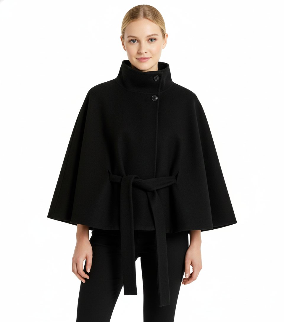 Elegant high collar long coat with removable belt Stylish for Women | Ivanna Élan