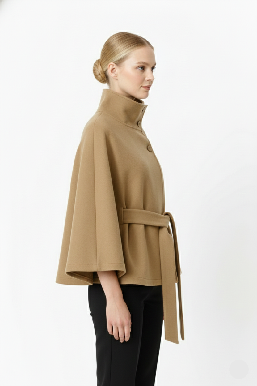 Elegant high collar long coat with removable belt Stylish for Women | Ivanna Élan
