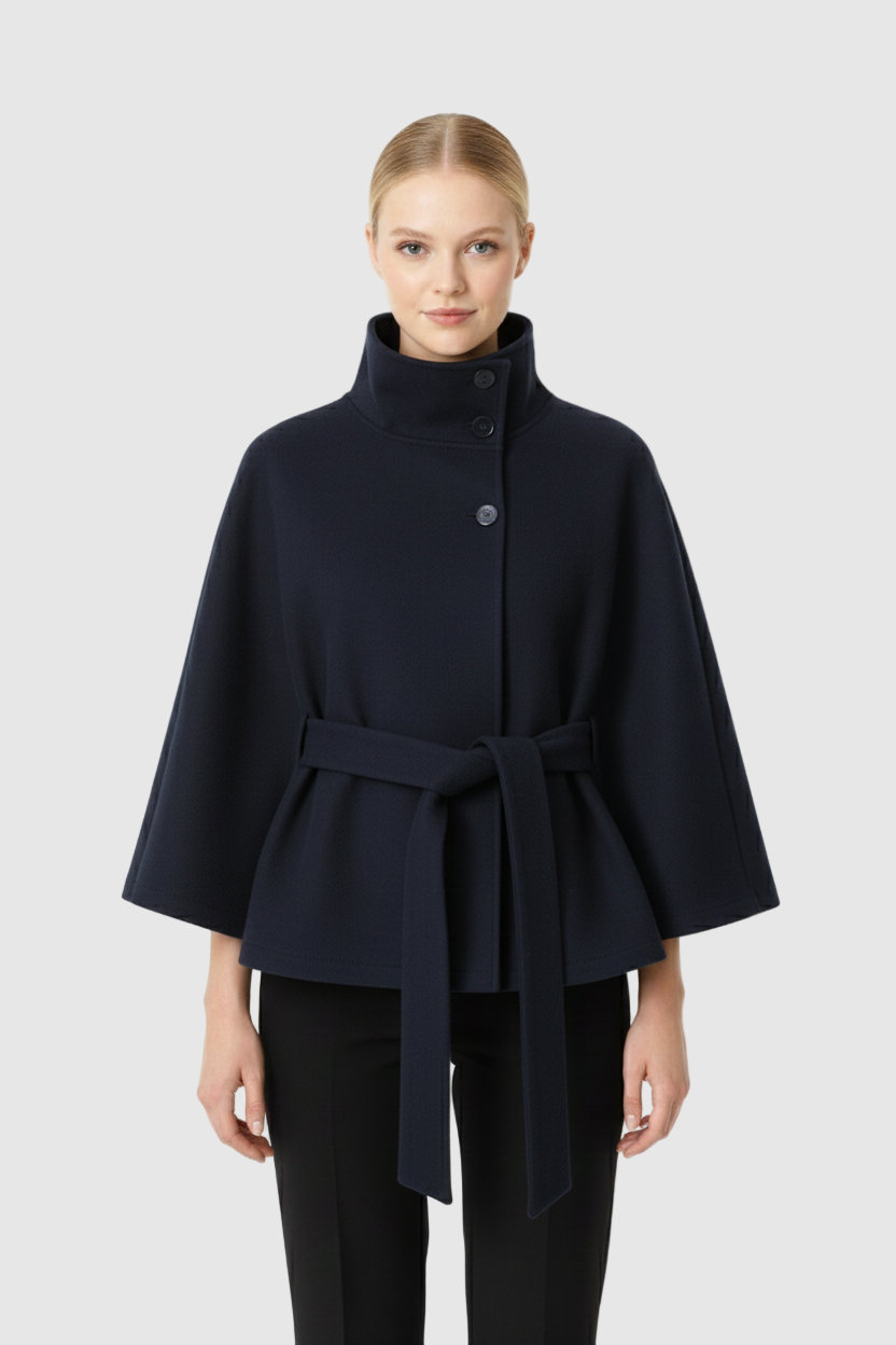 Elegant high collar long coat with removable belt Stylish for Women | Ivanna Élan