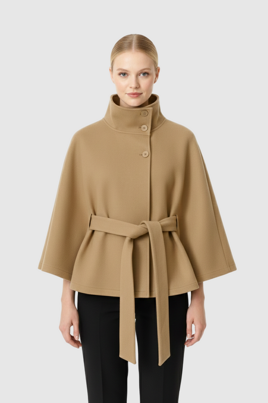 Elegant high collar long coat with removable belt Stylish for Women | Ivanna Élan